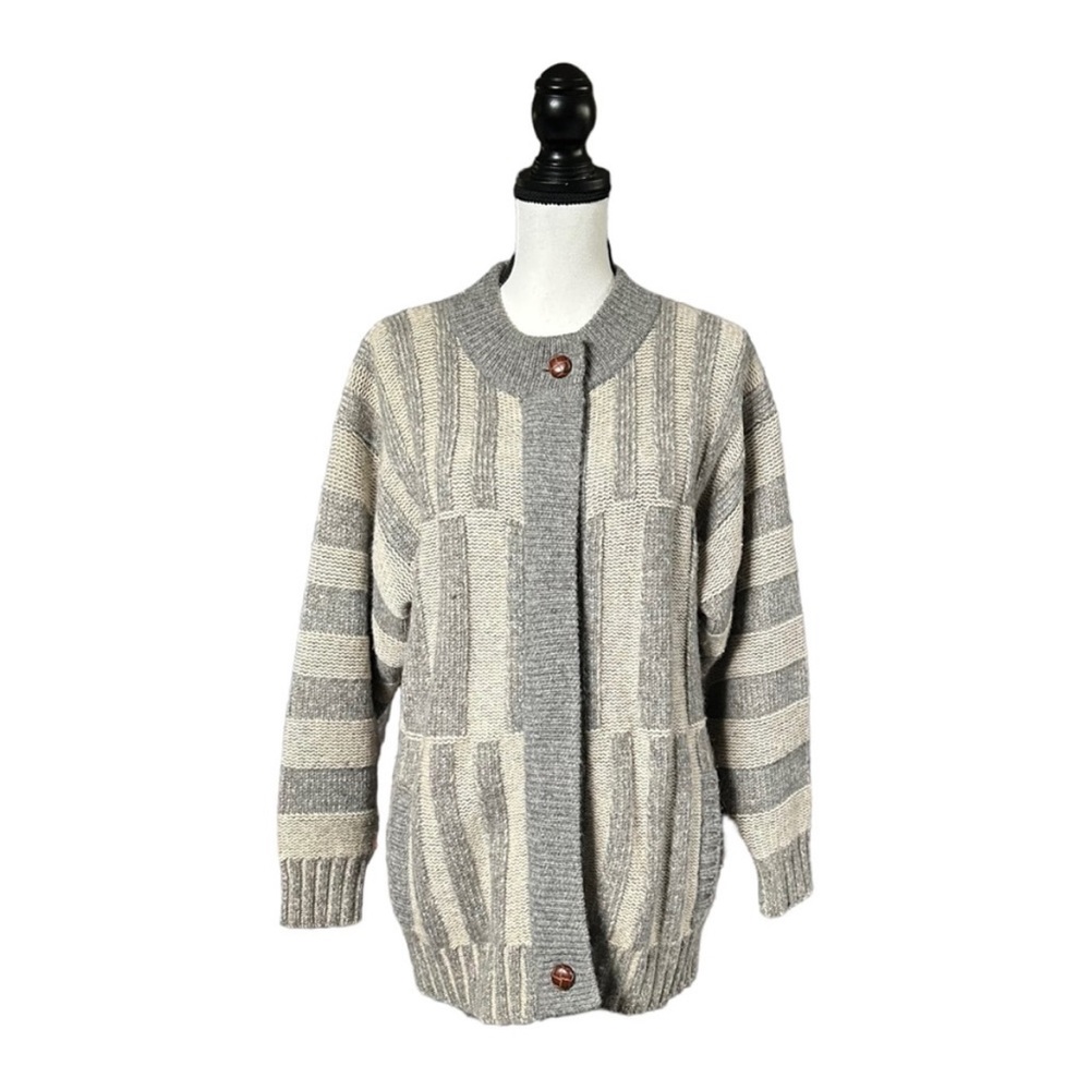 Vintage LeRoy Knitwear 100% Wool Neutral Stripe Zip Up Cardigan Grandmacore M
